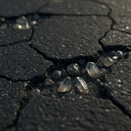 Broken asphalt road with cracks and pebbles. Close upの素材