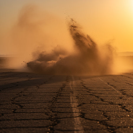 Tire tracks on the road in the rays of the setting sunの素材