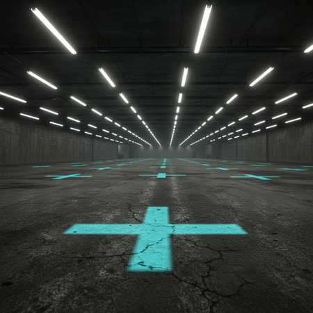 3d rendering of a cross in an empty room with neon lightsの素材