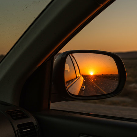 Sunset in the mountains through the rearview mirror of a carの素材
