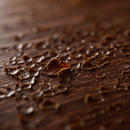 Water drops on a wooden surface. Shallow depth of field.の素材