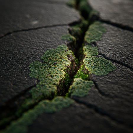 Green moss growing on cracked asphalt. Shallow depth of field.の素材