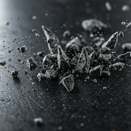 Macro shot of black sugar crystals on black surface. Abstract background.の素材