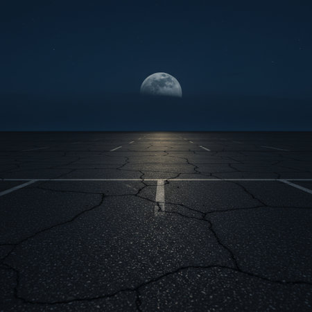 Empty asphalt road leading to the moon. 3D Rendering.の素材