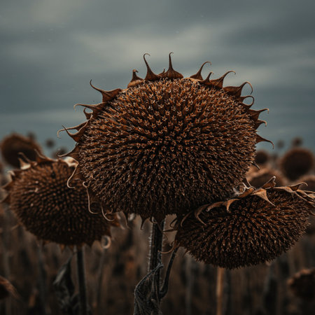 Dry sunflowers in the field on a cloudy day.の素材