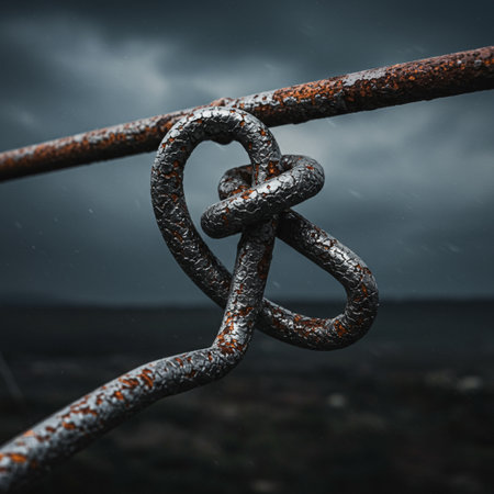 Rusty chain link on a background of stormy sky with rainの素材