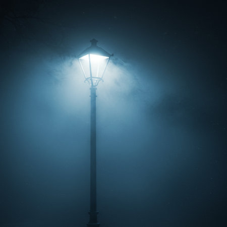 Street lamp in the fog at night with copy space for your textの素材