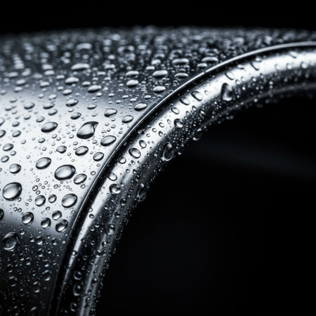 Water drops on a metal can. Black and white. Shallow depth of field.の素材