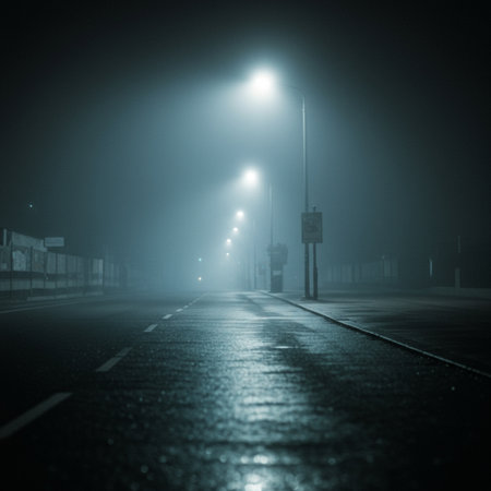 Empty road in a foggy night. Landscape. Artwork.の素材