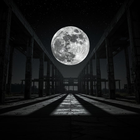 A full moon over an abandoned industrial building. 3d rendering.の素材
