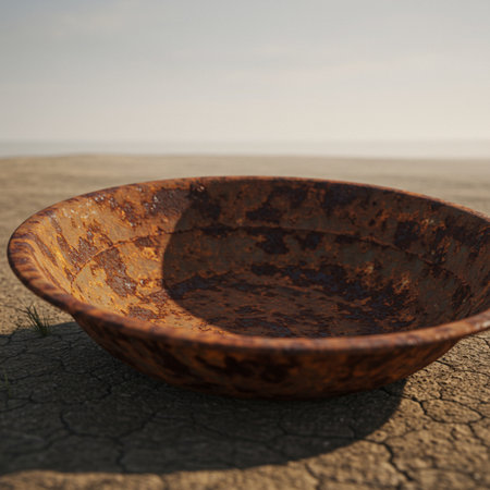 Rusty bowl on the ground in the desert. Selective focus.の素材