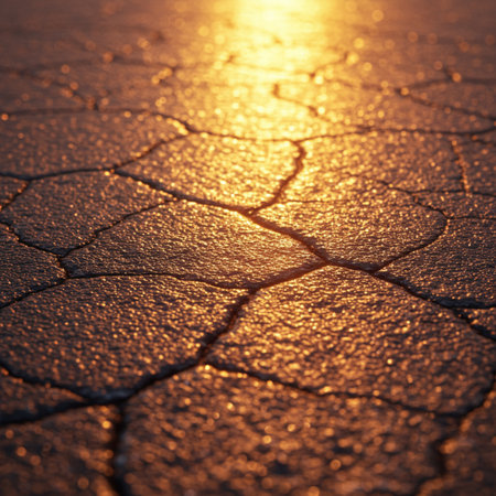 Closeup of cracked asphalt on sunset. Abstract background for design.の素材