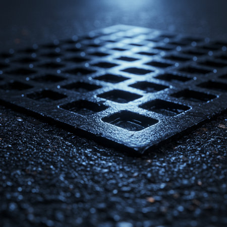 Close up of a manhole cover on a wet asphalt road.の素材