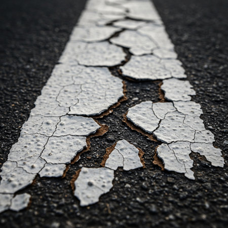 Asphalt road with crack in the middle. Conceptual image.の素材