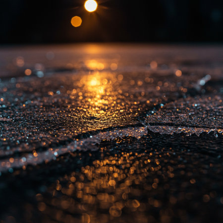 Raindrops on the asphalt in the city at night. Natural backgroundの素材