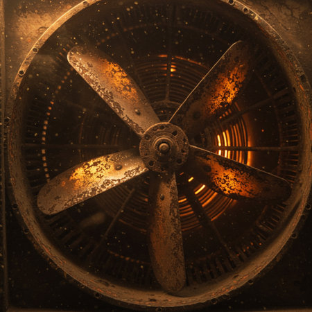 Old rusty propeller of a ship on a dark background. Close-up.の素材