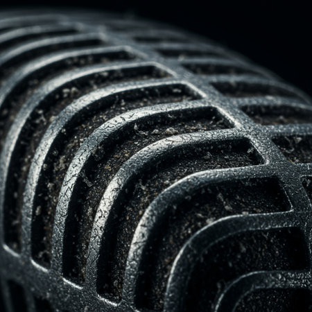 Close up of old microphone on black background. Shallow depth of field.の素材