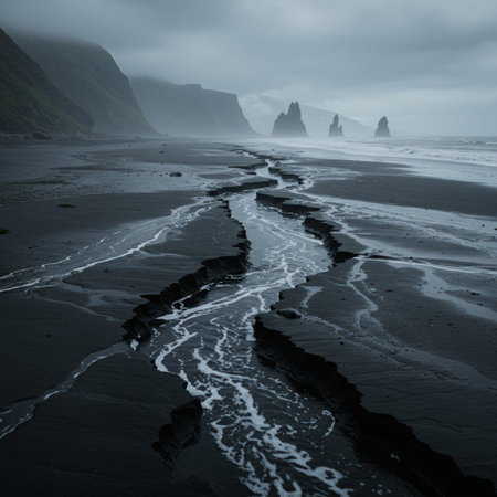 Black sand Reynisfjara beach on a foggy day, Icelandの素材