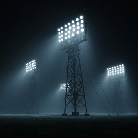 Stadium lights in a foggy field at night. 3D Renderingの素材