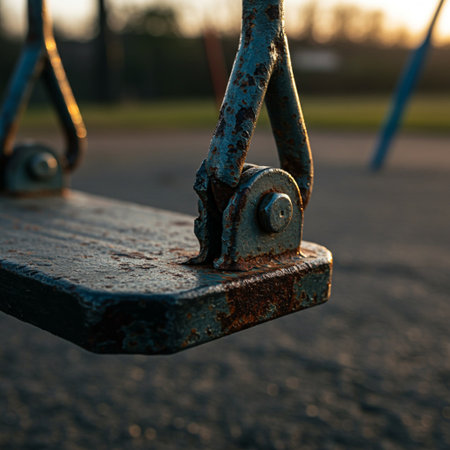 Old swing on the playground at sunset. Shallow depth of field.の素材