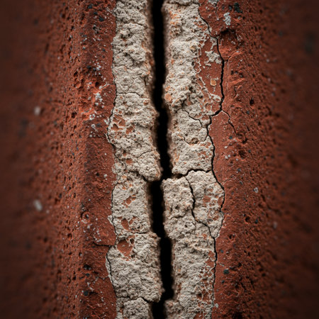 Cracks in the red brick wall. Background. Toned.の素材