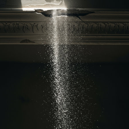 Drops of water falling from a window in a dark room.の素材