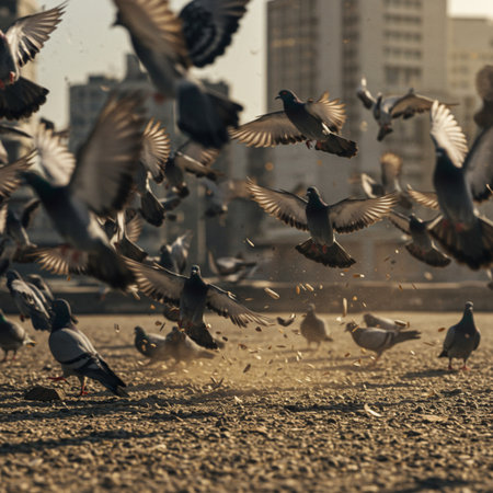 A flock of pigeons in the city. Birds fly in the air.の素材
