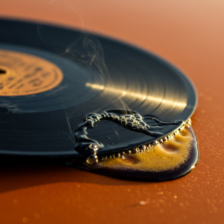 Vinyl record with smoke on orange background. Shallow depth of fieldの素材