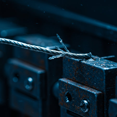 Close up shot of a wire in a metal box with blue backgroundの素材