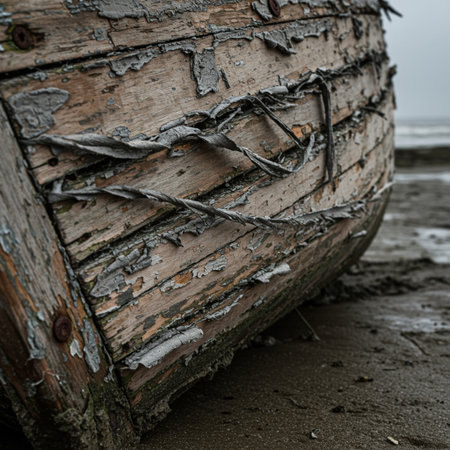 Old wooden boat on the beach. Shallow depth of field.の素材