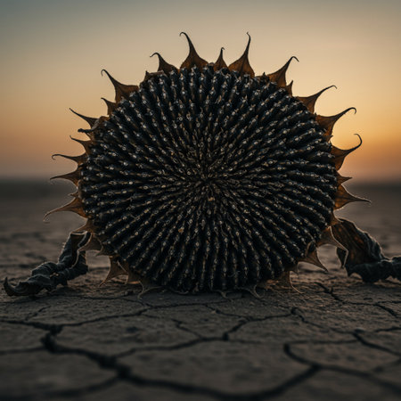 Sunflower on the dry ground at sunset. The concept of climate change.の素材