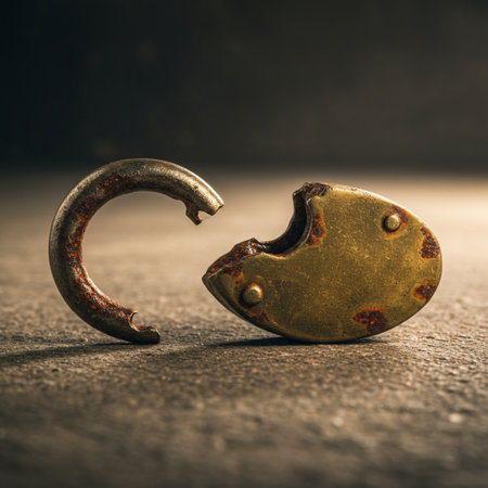 Old rusty padlock on a dark background. Shallow depth of fieldの素材