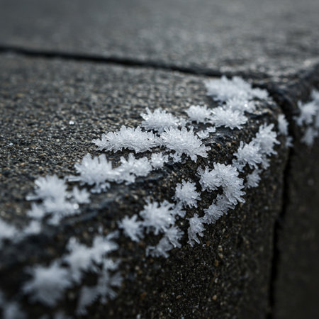 Frozen ice crystals on the pavement. Shallow depth of field.の素材