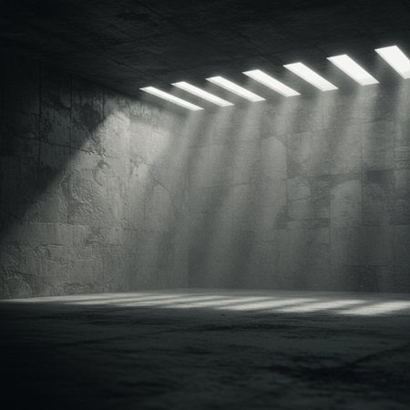 Concrete room with spotlights. 3D render. Abstract backgroundの素材