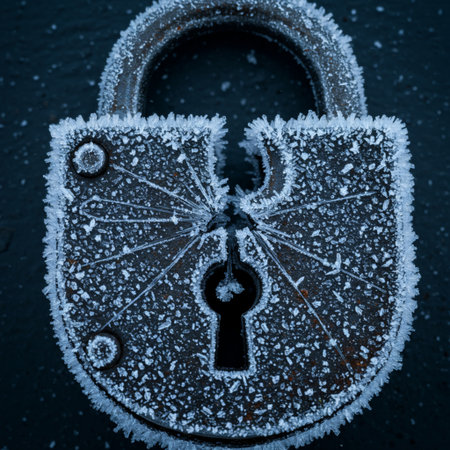 Closeup of a closed padlock covered with frost on a dark backgroundの素材
