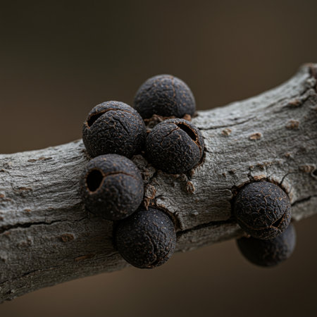 Macro shot of black cloves on a twig in autumn.の素材