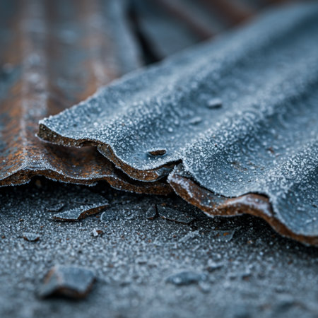Close-up of old rusty metal roof tiles covered with hoarfrostの素材