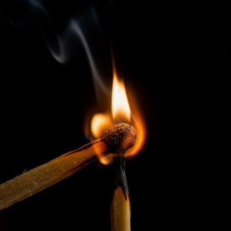 Burning match on a black background. Close-up image.の素材
