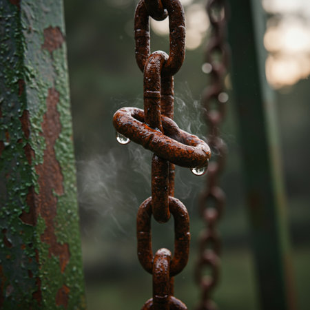 Close-up of rusty chain with water drops. Selective focusの素材