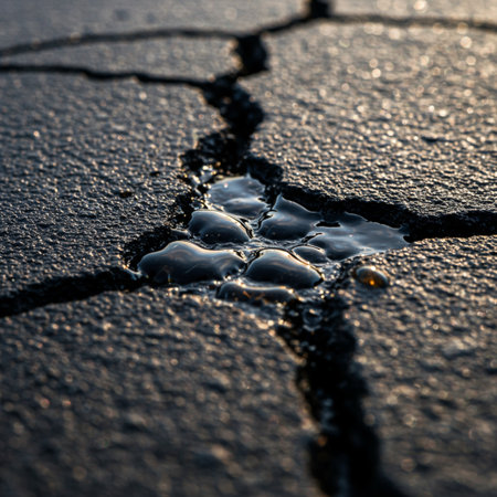 Broken asphalt road with water drops close-up. Natural backgroundの素材