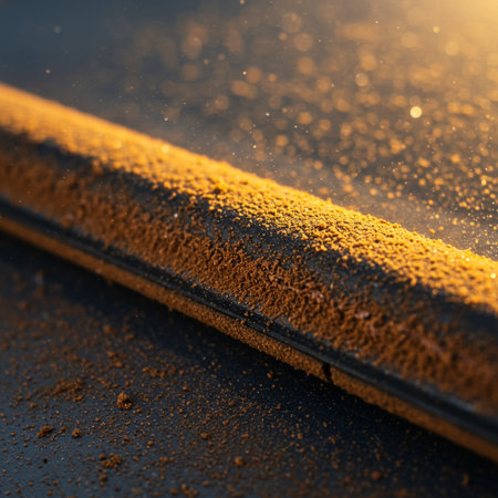 Close-up of a conveyor belt with sand on a black backgroundの素材