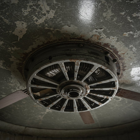Old rusty fan in a dark room, close-up view.の素材