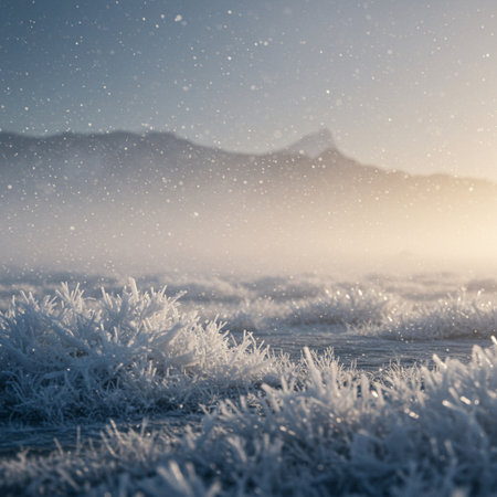 Frosty grass and mountains in the background. Beautiful winter landscape.の素材
