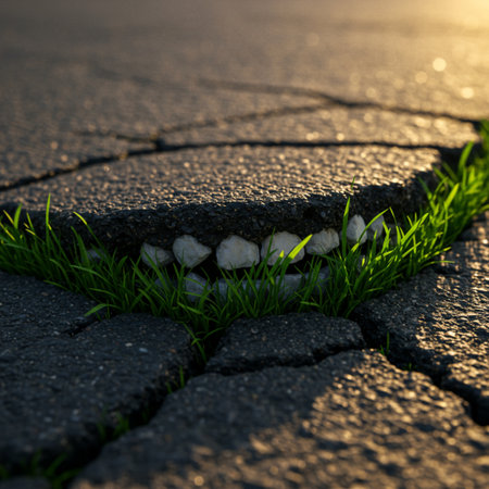 Broken asphalt road with green grass at sunset. Selective focusの素材