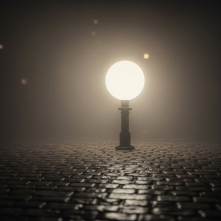 Lamp in the middle of a foggy street at night.の素材