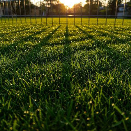 Soccer field with green grass at sunset or sunrise, soccer fieldの素材