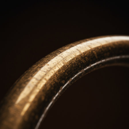 Close-up of a gold metal handrail on a dark backgroundの素材