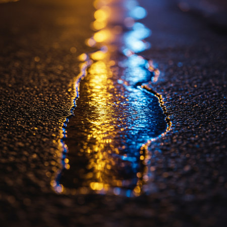 Wet asphalt road with puddles. Abstract background. Selective focusの素材