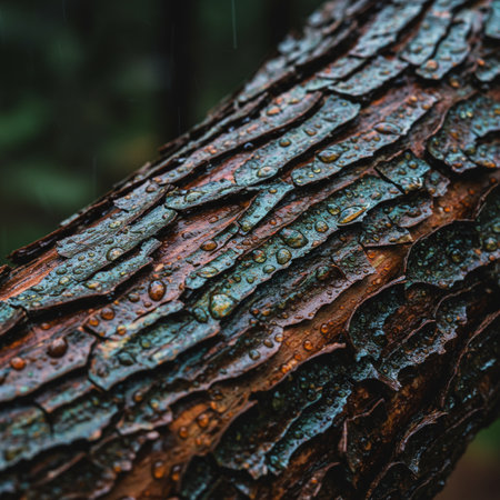 Raindrops on the bark of an old tree in the forest.の素材
