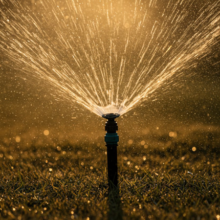 Sprinkler spraying water on green grass with bokeh backgroundの素材